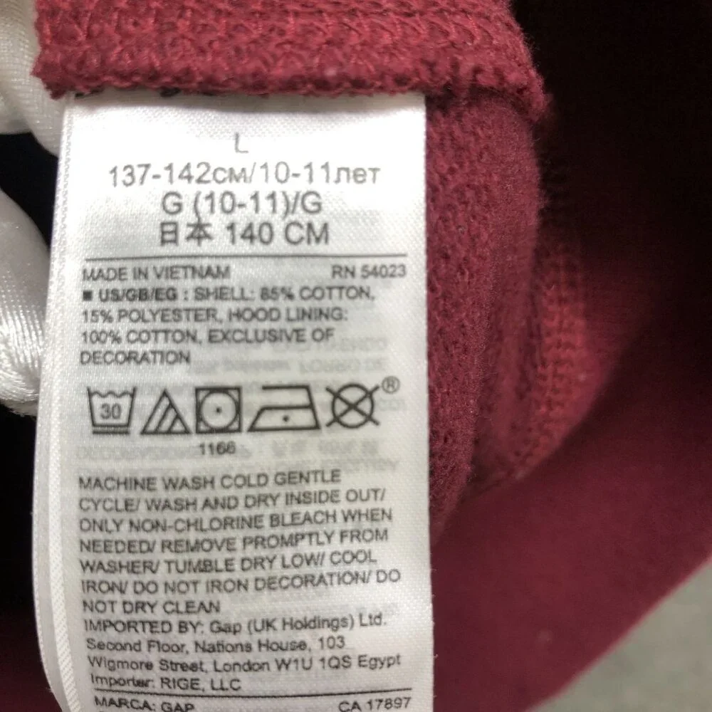 Gap Kids Boys Size L (10) Zip Hoodie‎ Burgundy Logo Rugby Varsity Sweatshirt